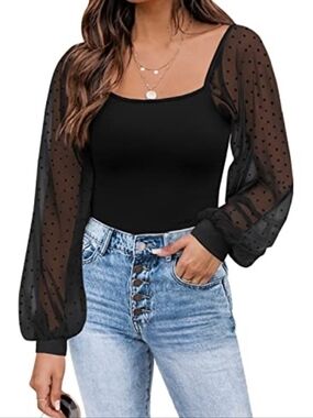 Dorose Black Long-Sleeve Top with Sheer Lace Sleeves